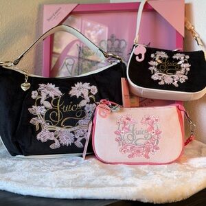 JUICY COUTURE JUICY IN BLOOM HOBO + WRISTLET
 BLACK LIQUORICE FLORAL RHINESTONES